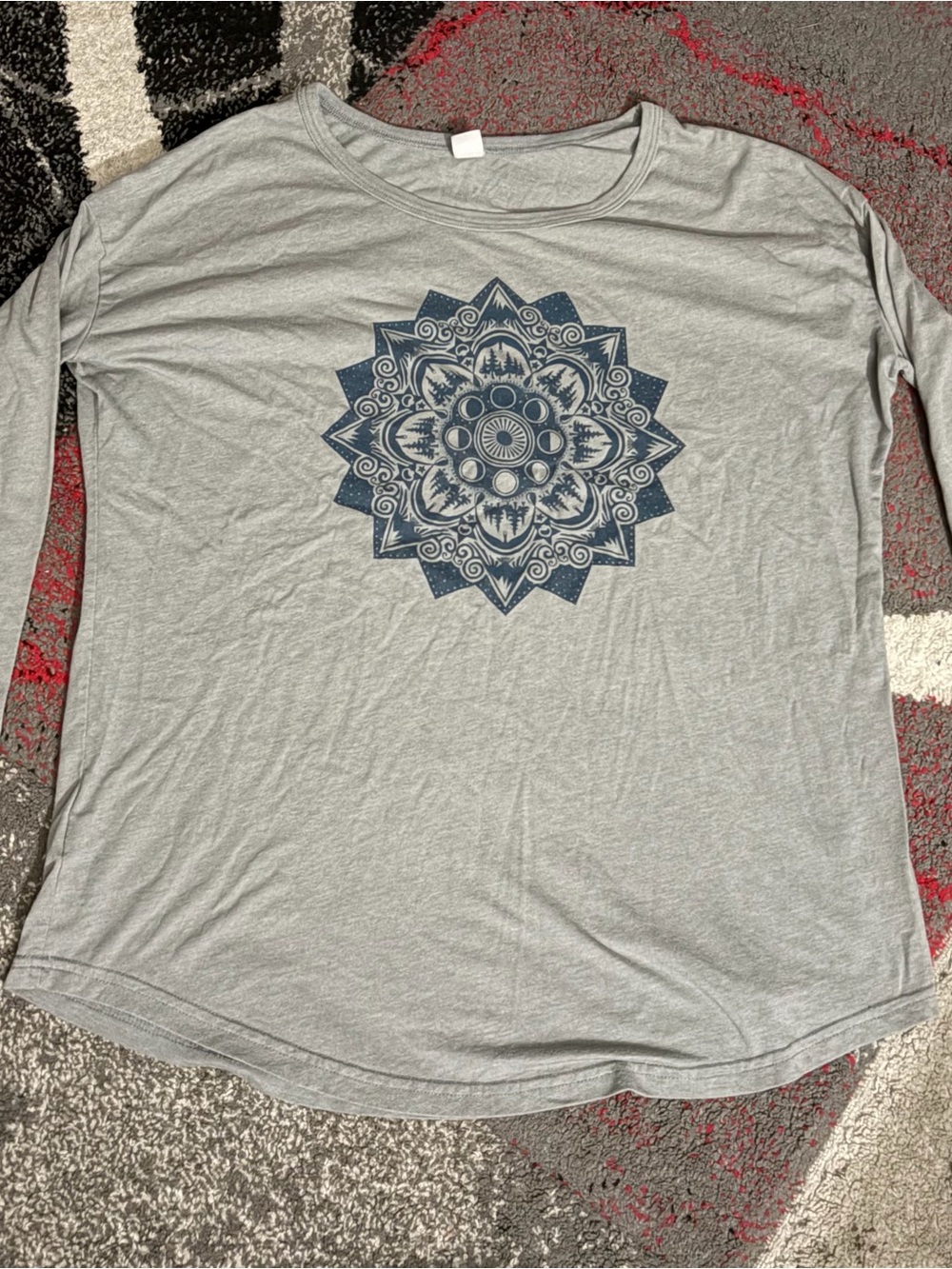 Soul Flower Light Gray Long Sleeve Tee with Navy Mandala